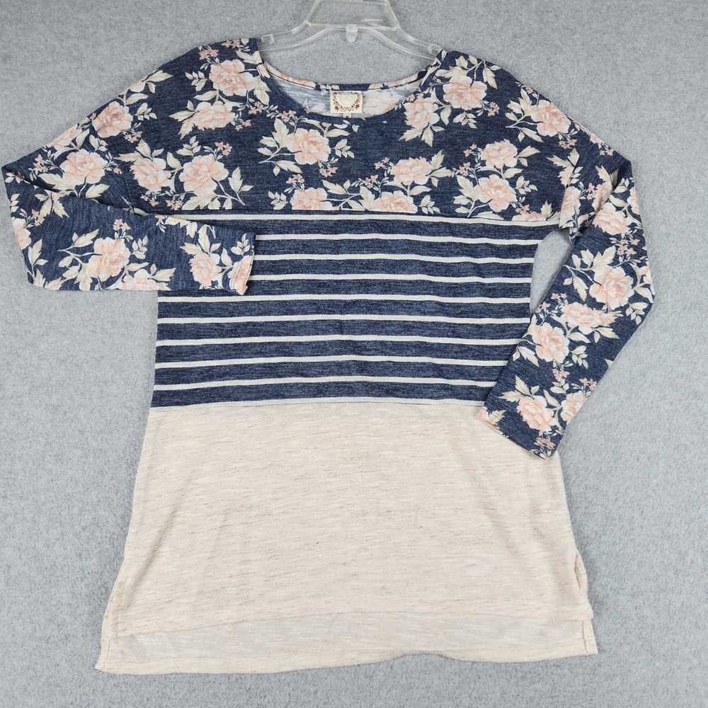 Tru Self Tunic Top Womens M Blue Floral Striped Long Sleeve Round Neck Pullover